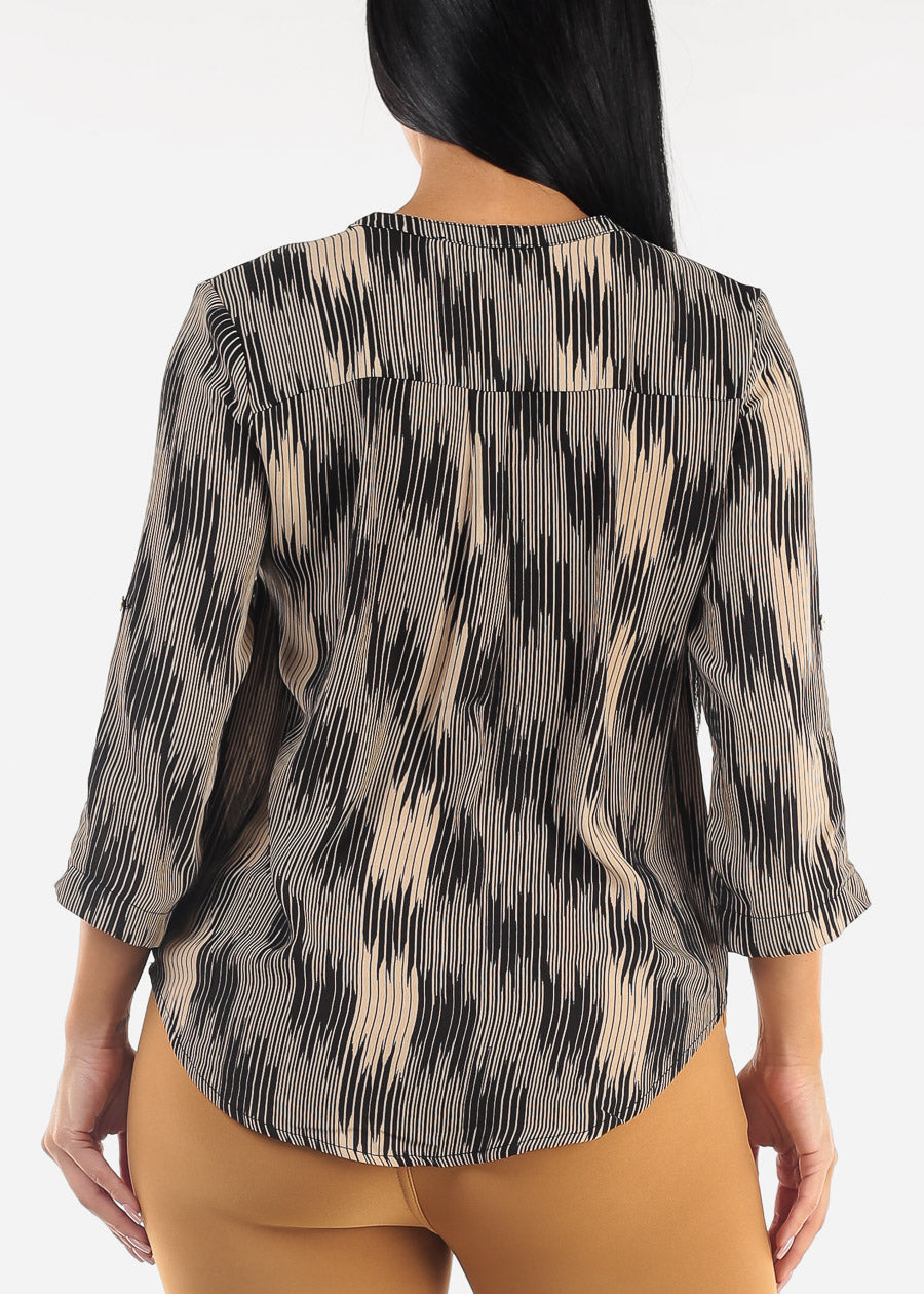 Quarter Sleeve Half Button Up Printed Blouse Black