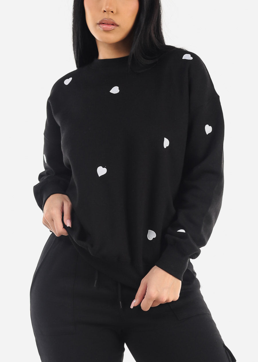 Long Sleeve Crewneck Fleece Sweatshirt Black "Hearts"