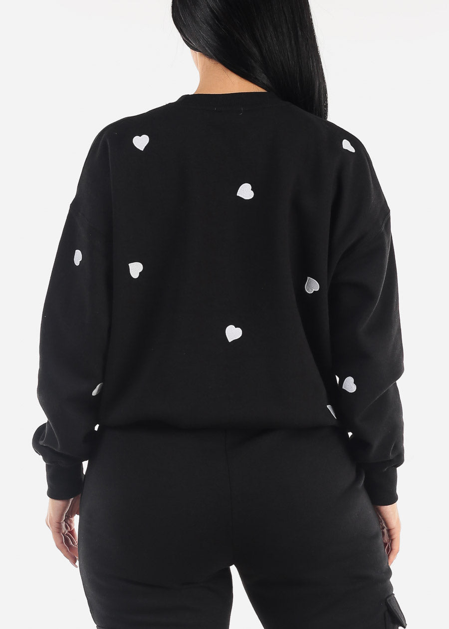 Long Sleeve Crewneck Fleece Sweatshirt Black "Hearts"