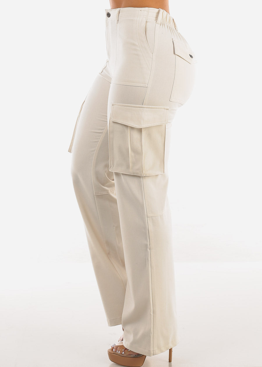 Super High Waist Straight Wide Leg Cargo Pants Cream