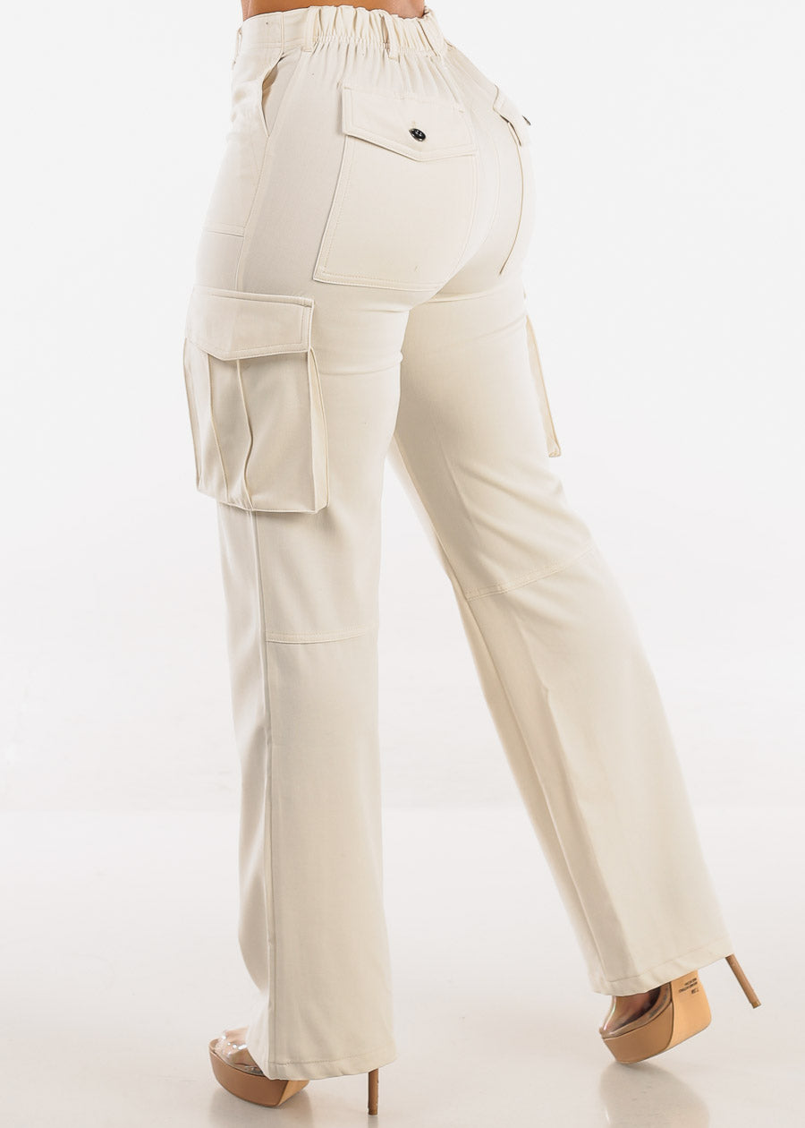 Super High Waist Straight Wide Leg Cargo Pants Cream