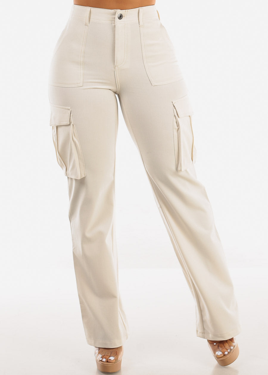 Super High Waist Straight Wide Leg Cargo Pants Cream