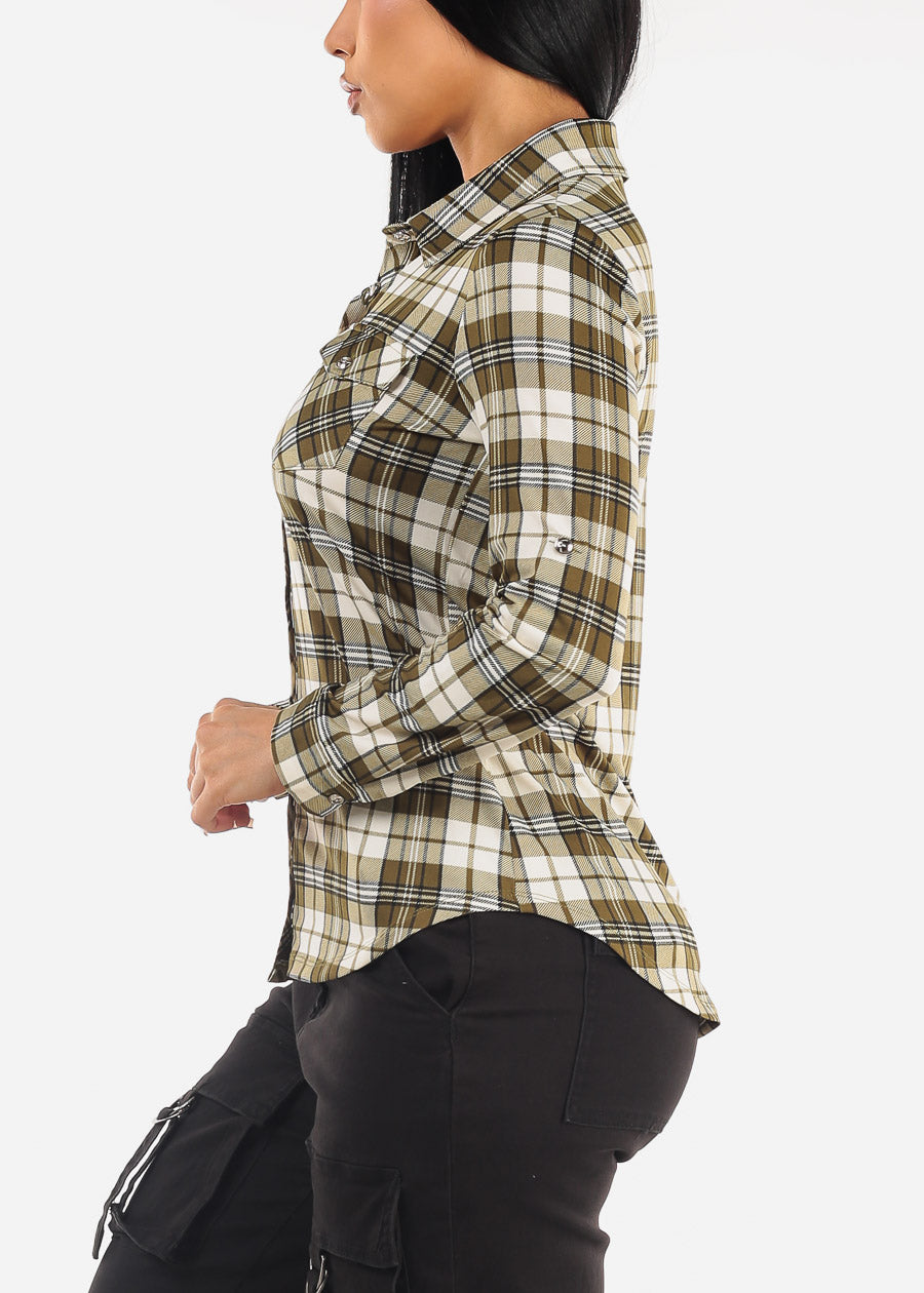 Long Sleeve Button Up Plaid Shirt Olive