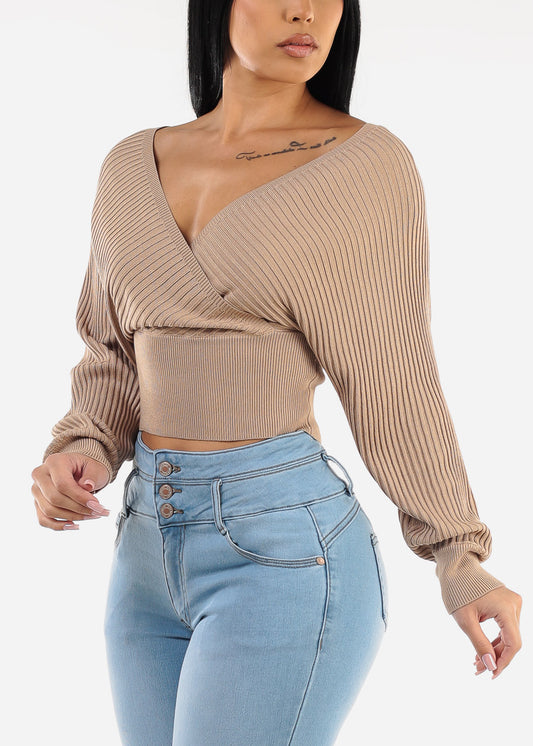 Long Sleeve Surplice Knit Sweater Top Khaki