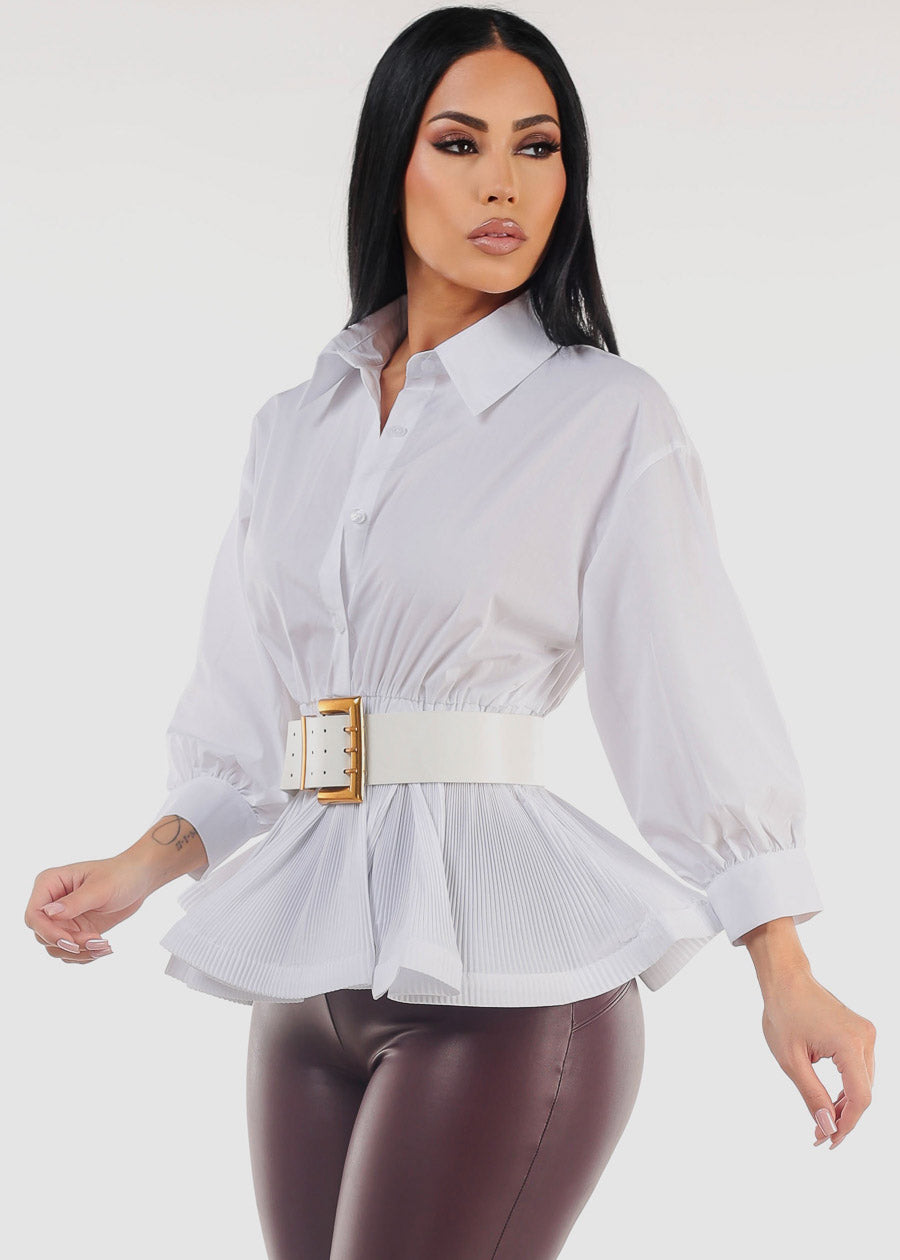 White Quarter Sleeve Pleated Peplum Blouse w Belt