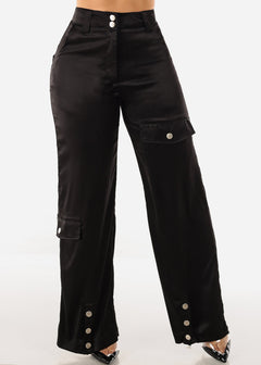 High Waist Black Wide Leg Satin Pants w Multi Pocket