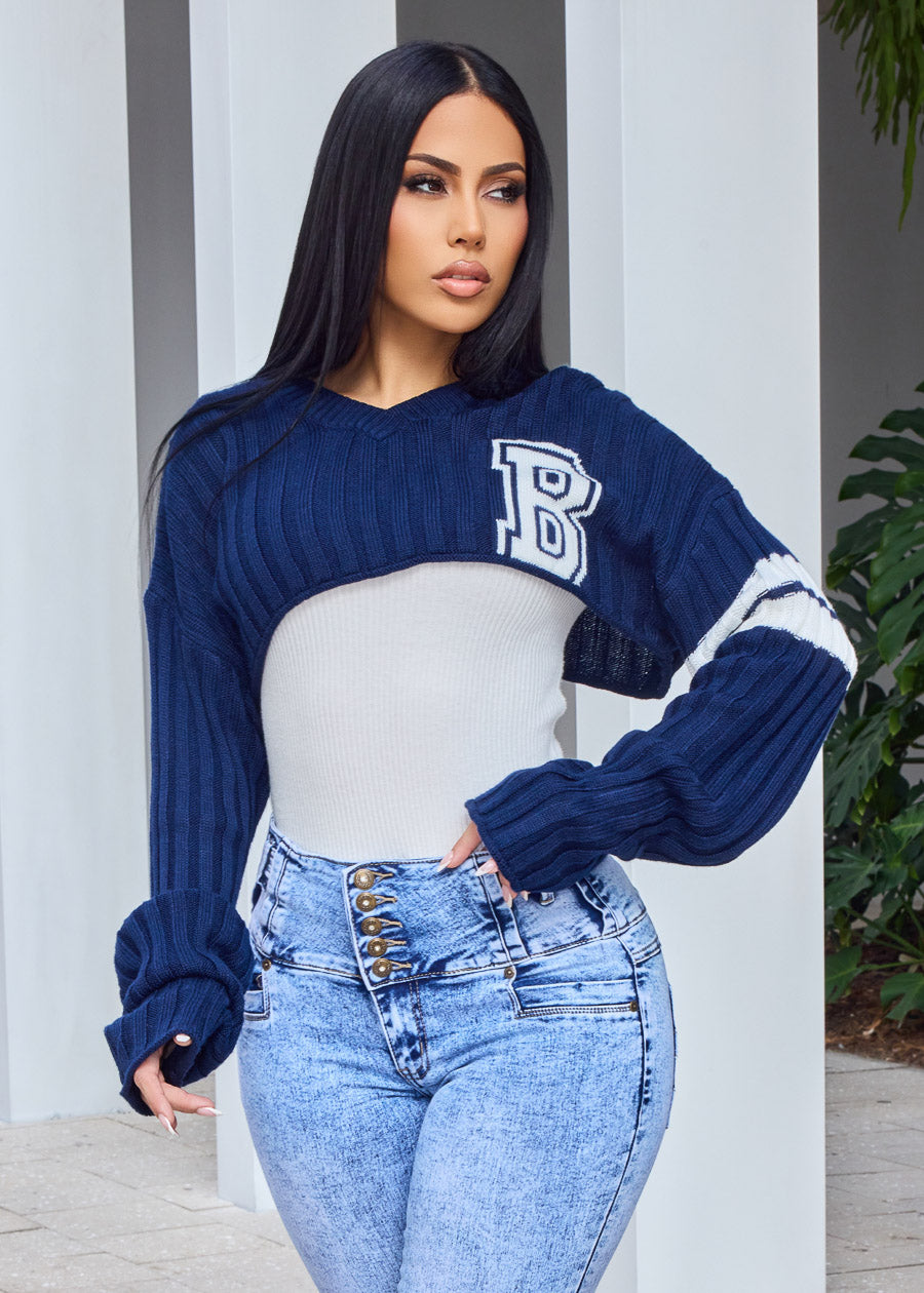 Long Sleeve Varsity Crop Knit Sweater Navy