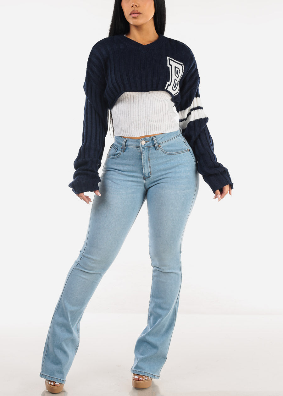 Long Sleeve Varsity Crop Knit Sweater Navy