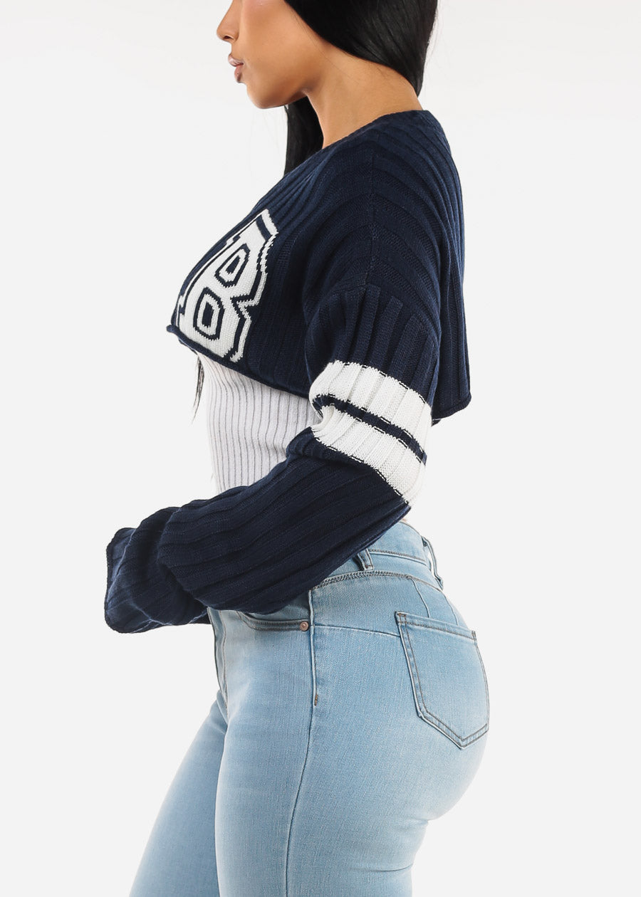 Long Sleeve Varsity Crop Knit Sweater Navy