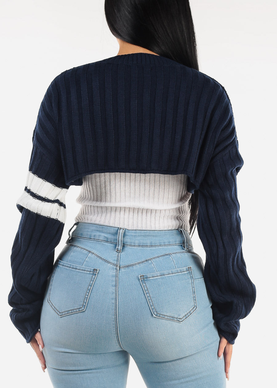 Long Sleeve Varsity Crop Knit Sweater Navy