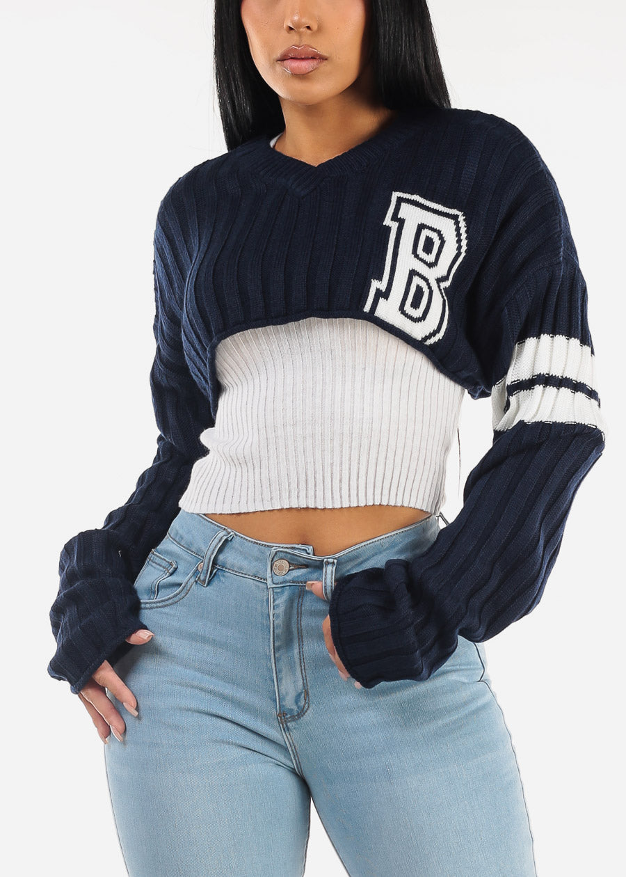 Long Sleeve Varsity Crop Knit Sweater Navy