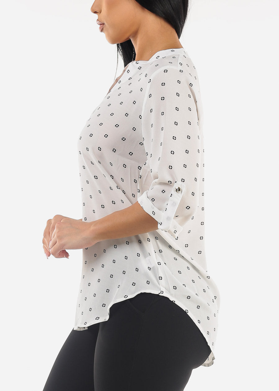 White Quarter Sleeve V-Neck Printed Blouse