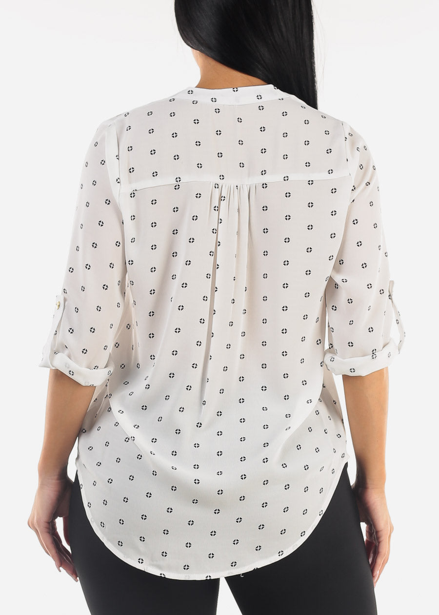 White Quarter Sleeve V-Neck Printed Blouse