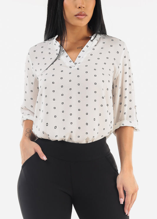 White Quarter Sleeve V-Neck Printed Blouse