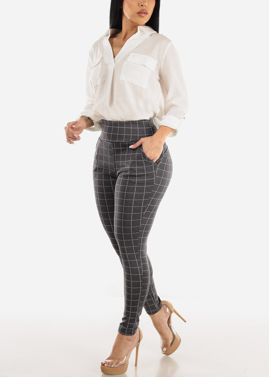 Butt Lifting Windowpane Grey Skinny Pants