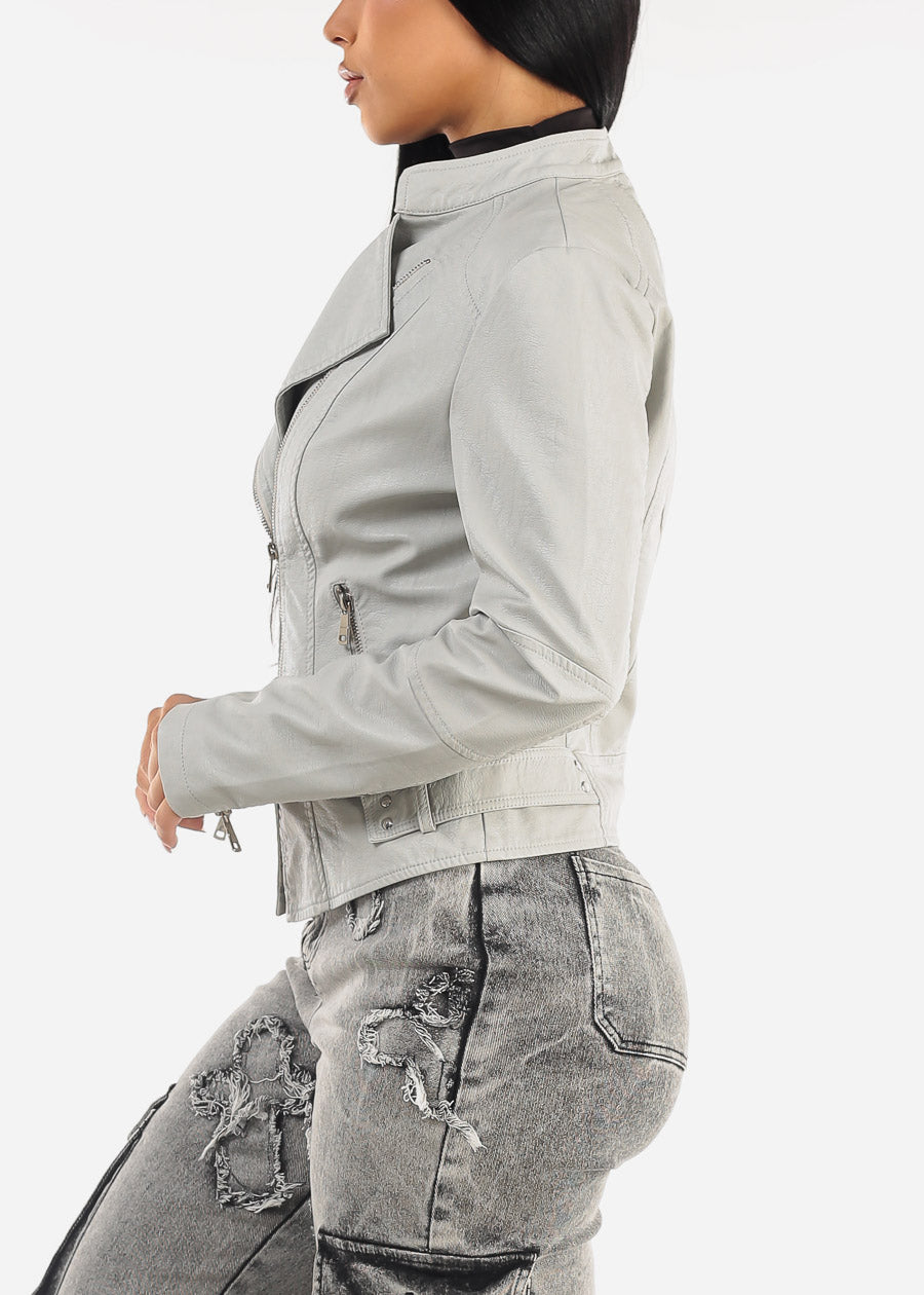 Long Sleeve Vegan Leather Moto Jacket Grey