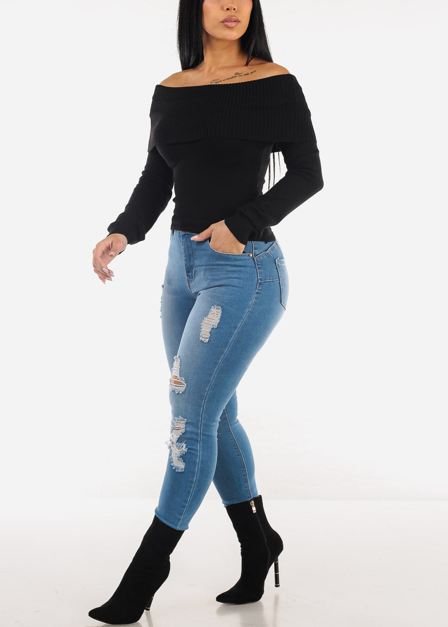 Black Off Shoulder Ribbed Sweater Top