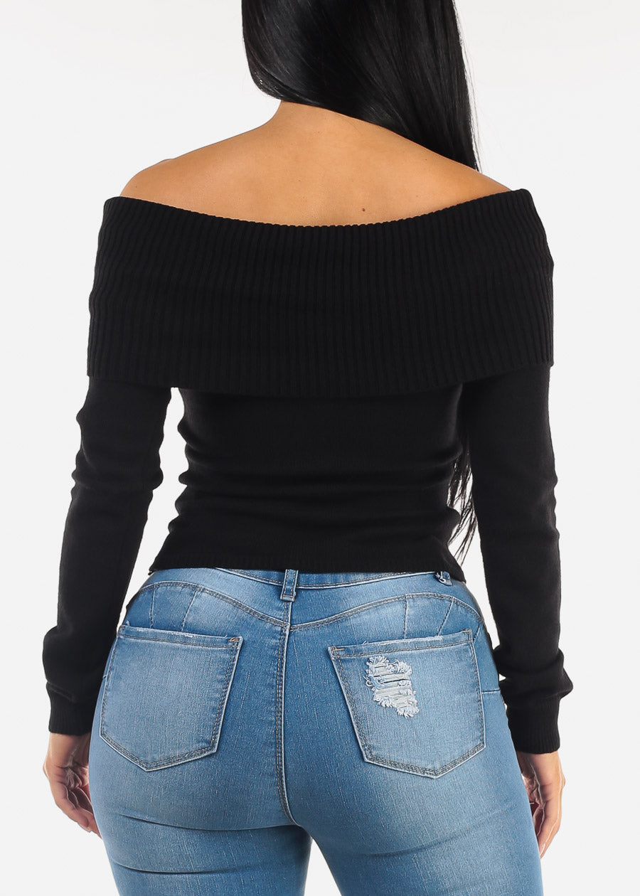 Black Off Shoulder Ribbed Sweater Top