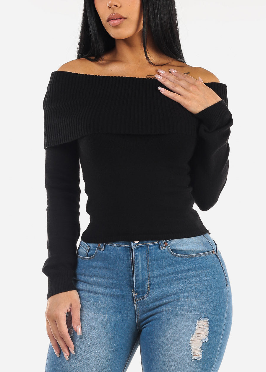 Black Off Shoulder Ribbed Sweater Top