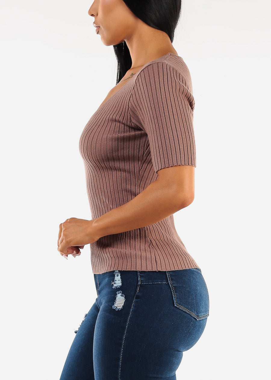 Short Sleeve V-Neck Rib Knit Sweater Top Mocha