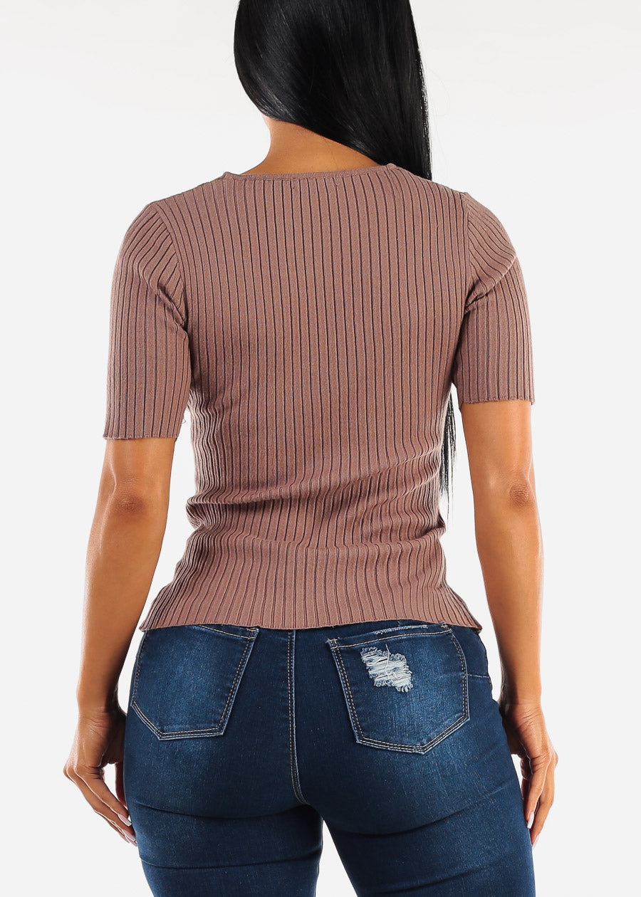 Short Sleeve V-Neck Rib Knit Sweater Top Mocha