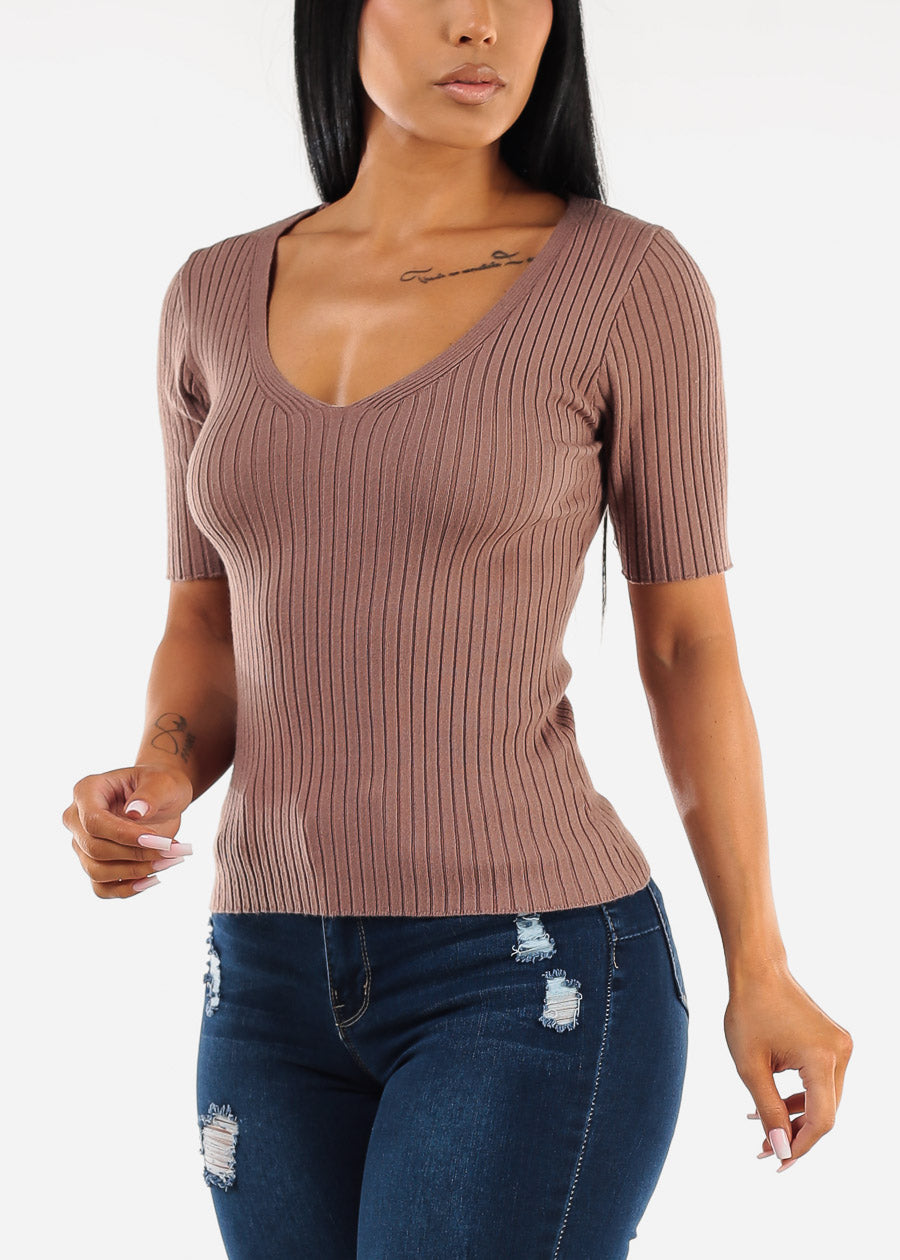 Short Sleeve V-Neck Rib Knit Sweater Top Mocha