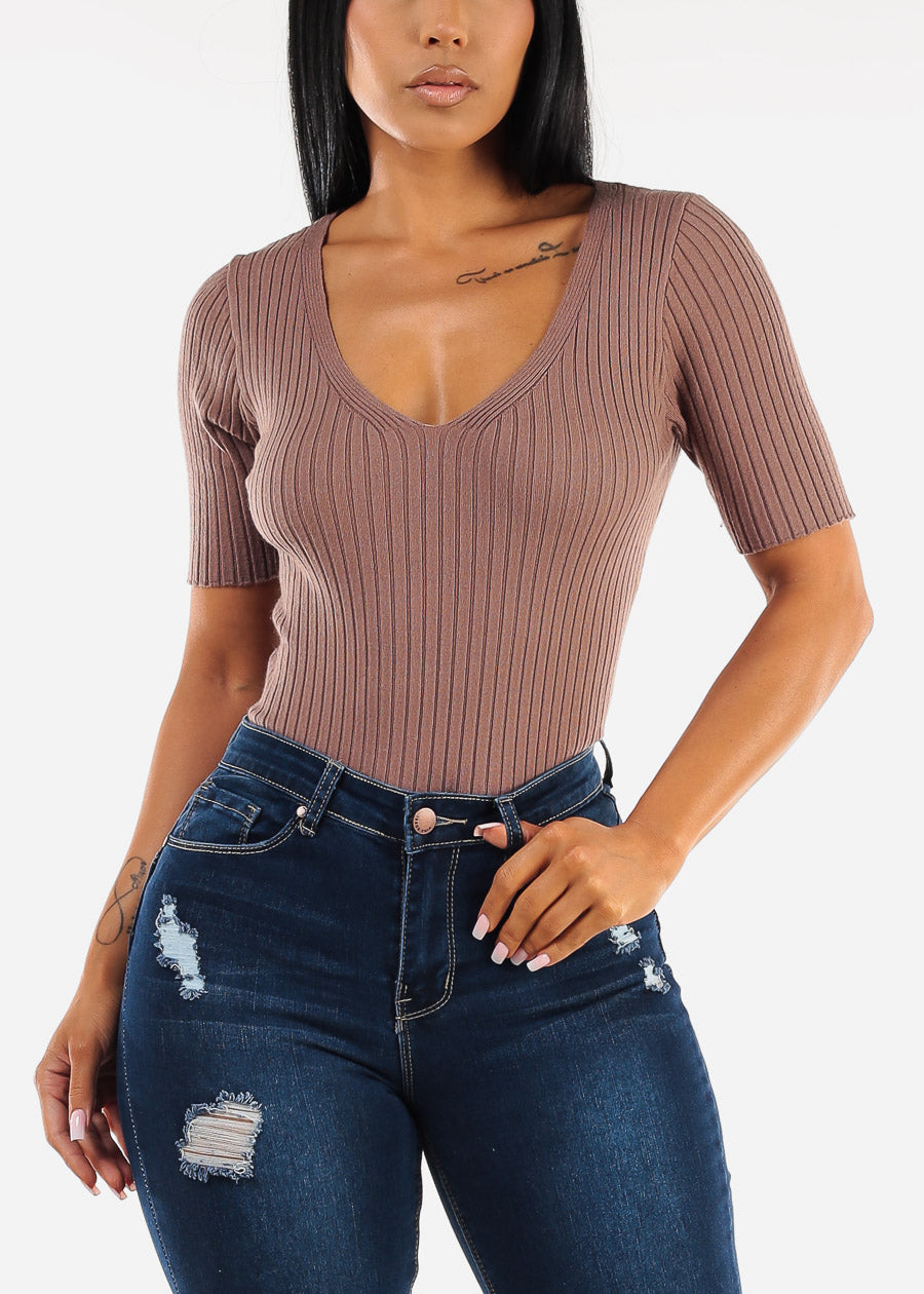 Short Sleeve V-Neck Rib Knit Sweater Top Mocha