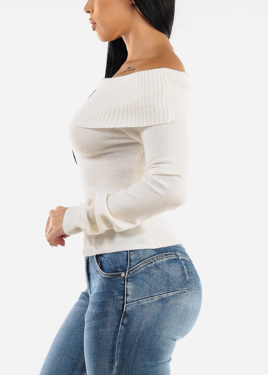 Off Shoulder Ribbed Sweater Top Ivory