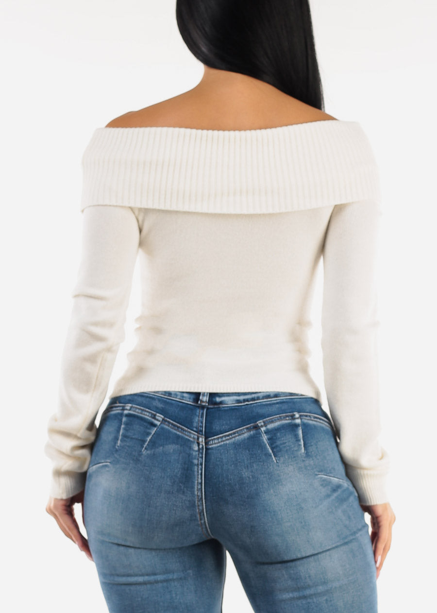 Off Shoulder Ribbed Sweater Top Ivory