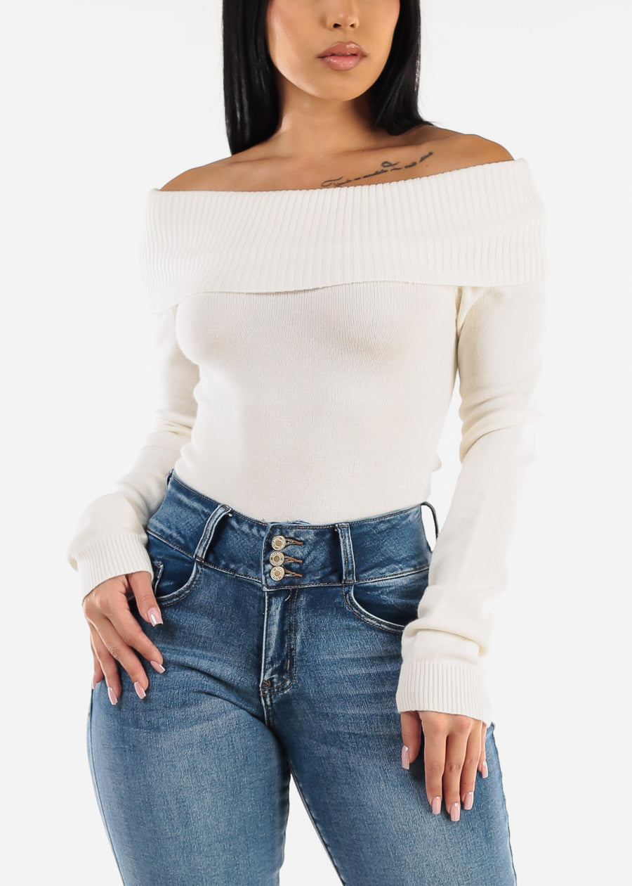 Off Shoulder Ribbed Sweater Top Ivory