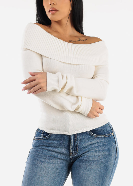 Off Shoulder Ribbed Sweater Top Ivory