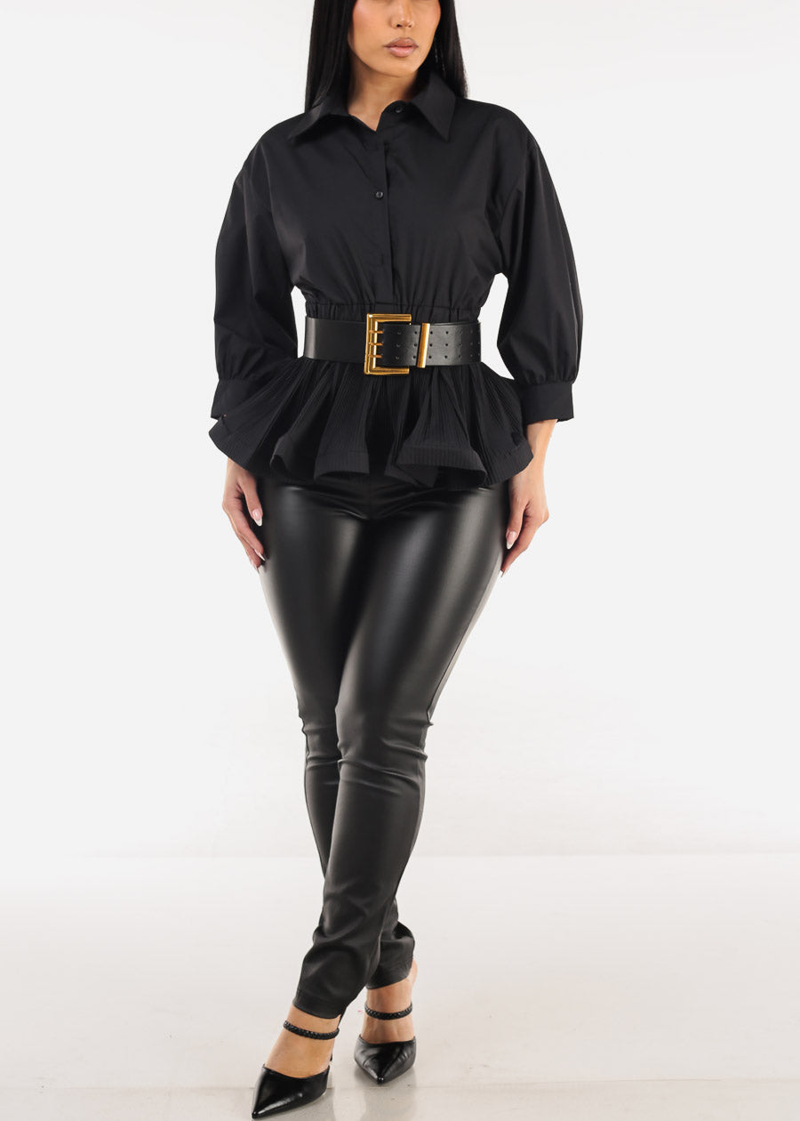 Black Quarter Sleeve Pleated Peplum Blouse w Belt