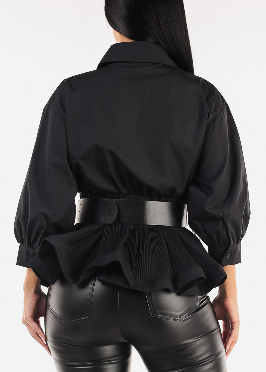 Black Quarter Sleeve Pleated Peplum Blouse w Belt