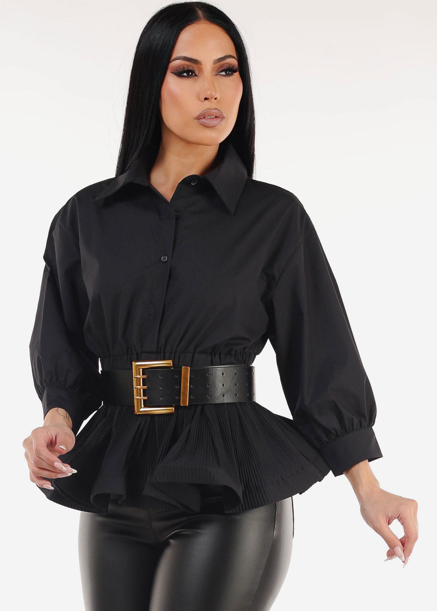 Black Quarter Sleeve Pleated Peplum Blouse w Belt