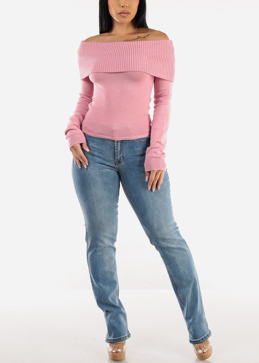 Off Shoulder Ribbed Sweater Top Pink