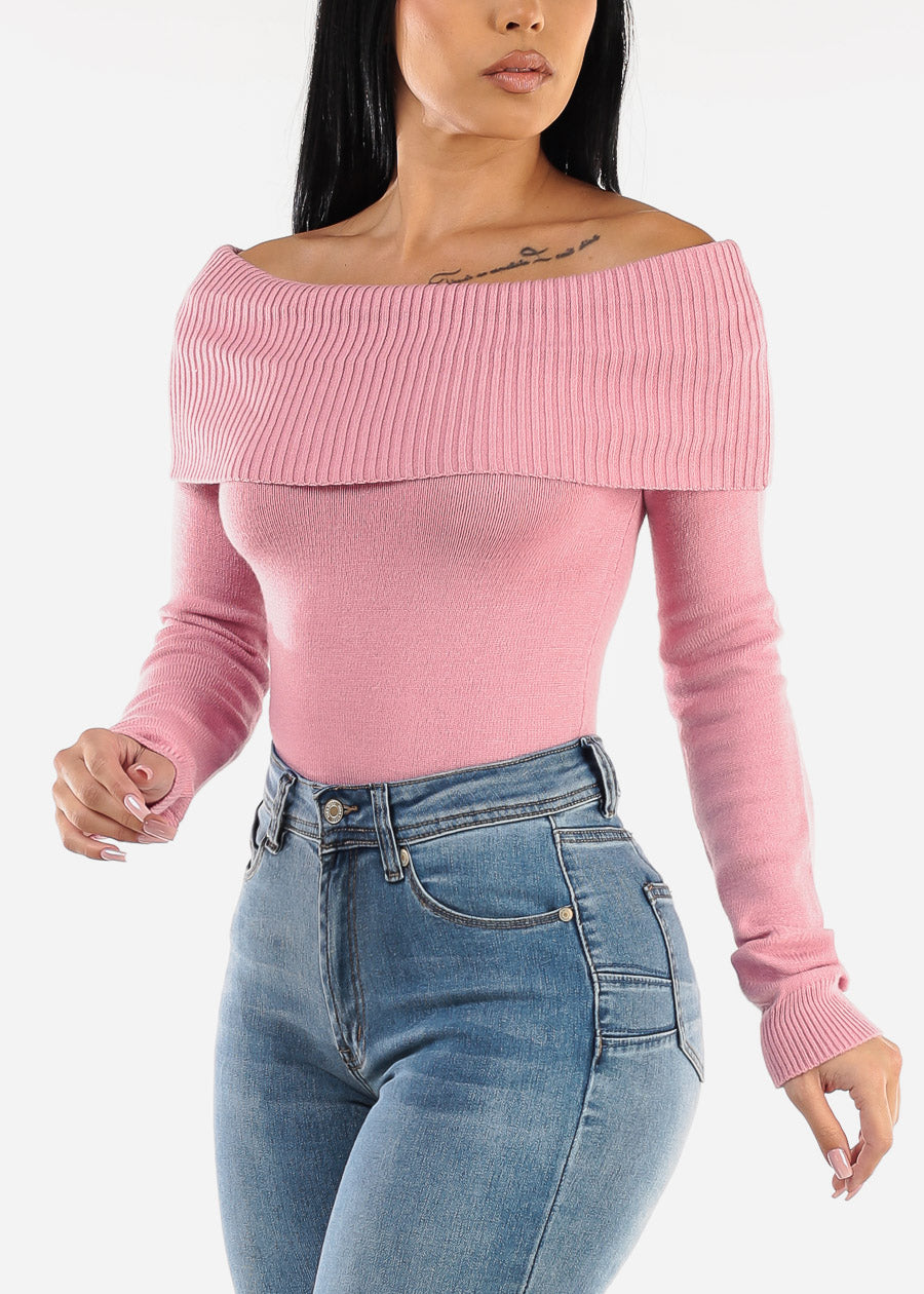 Off Shoulder Ribbed Sweater Top Pink