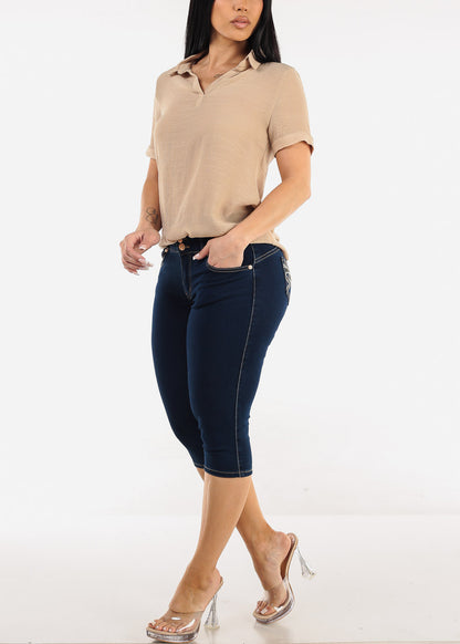 Casual Short Sleeve High Low Collared Top Khaki
