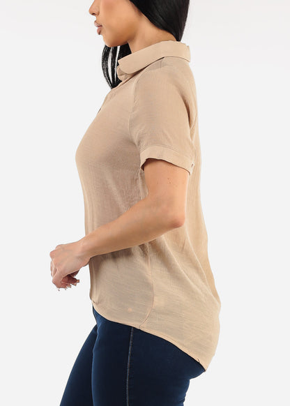 Casual Short Sleeve High Low Collared Top Khaki