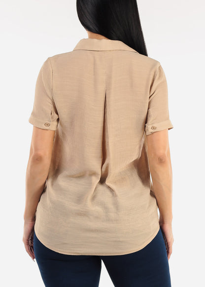 Casual Short Sleeve High Low Collared Top Khaki