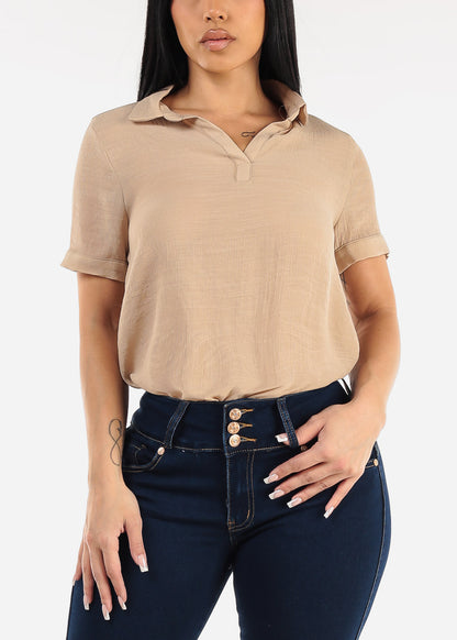 Casual Short Sleeve High Low Collared Top Khaki