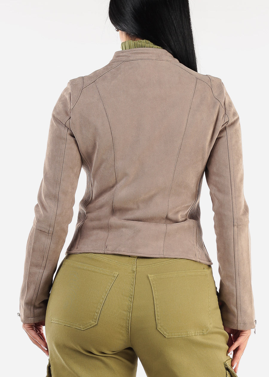 Zip Up Long Sleeve Suede Jacket Taupe