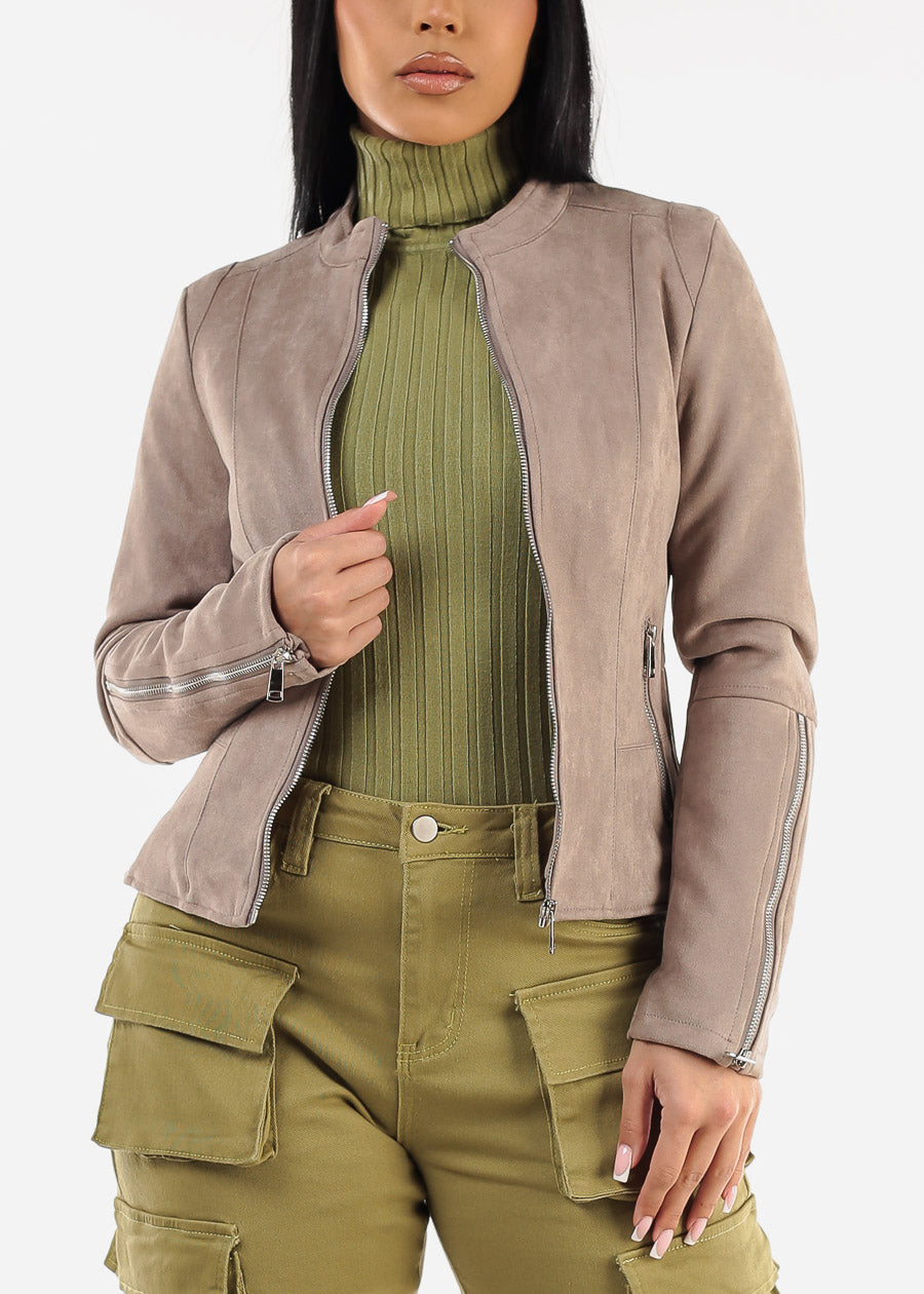 Zip Up Long Sleeve Suede Jacket Taupe