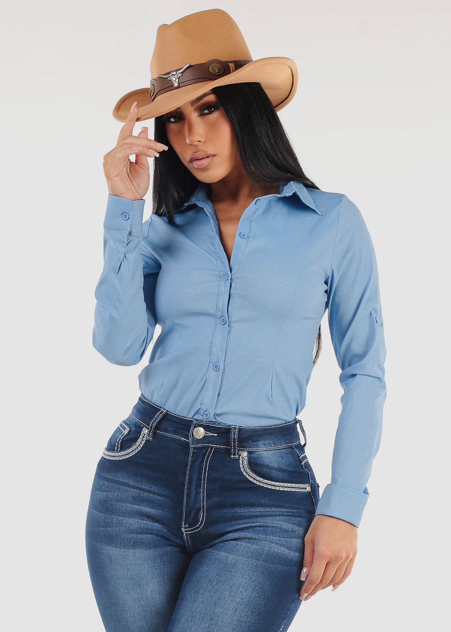 Long Sleeve Button Up Blue Fitted Blouse