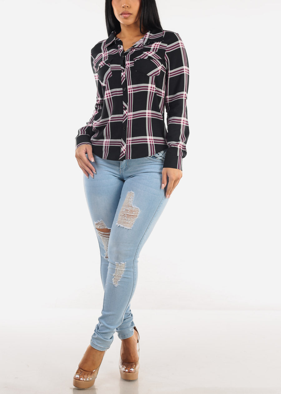 Long Sleeve Button Down Plaid Blouse Black