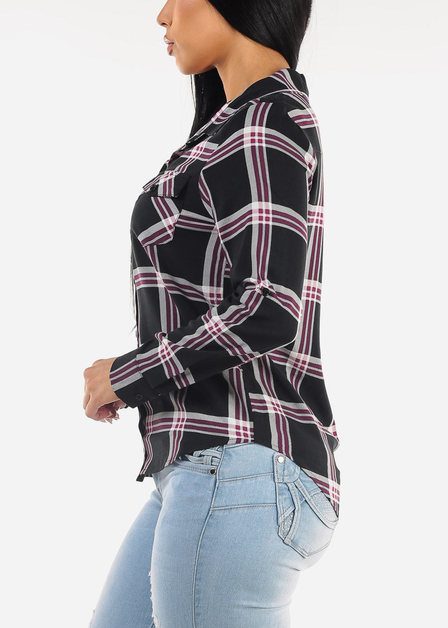 Long Sleeve Button Down Plaid Blouse Black