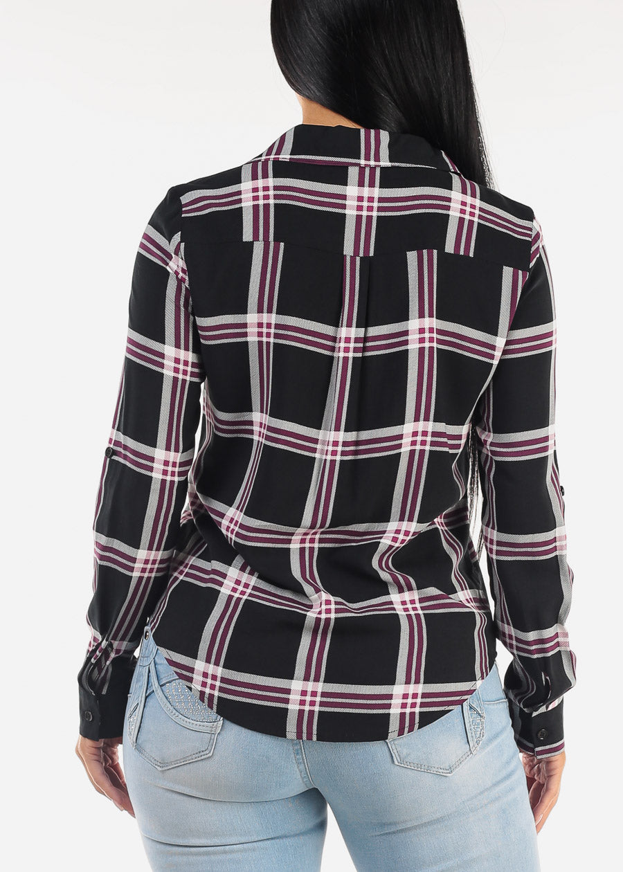 Long Sleeve Button Down Plaid Blouse Black