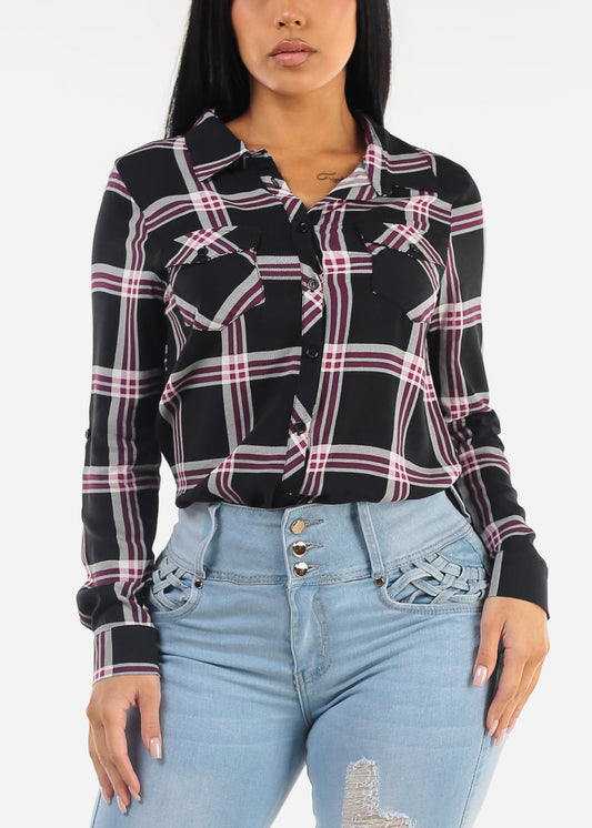 Long Sleeve Button Down Plaid Blouse Black