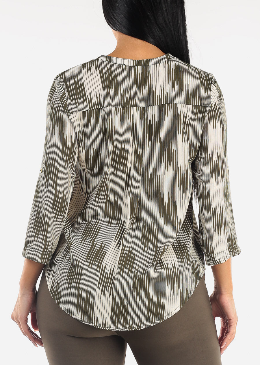 Quarter Sleeve Half Button Up Printed Blouse Olive