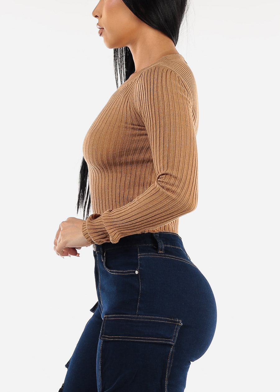 Long Sleeve Ribbed Sweater Top Light Brown