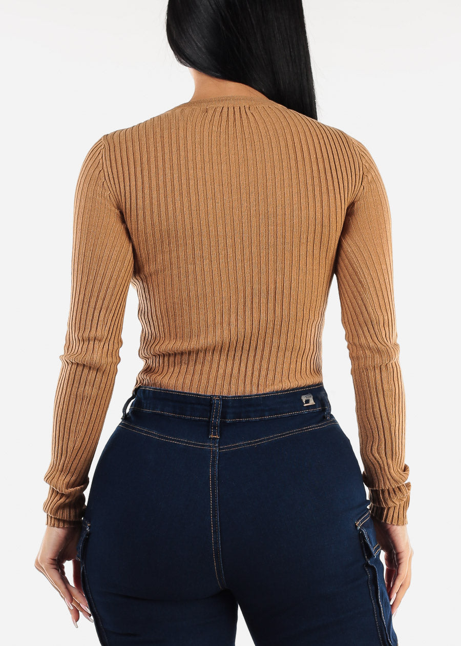 Long Sleeve Ribbed Sweater Top Light Brown